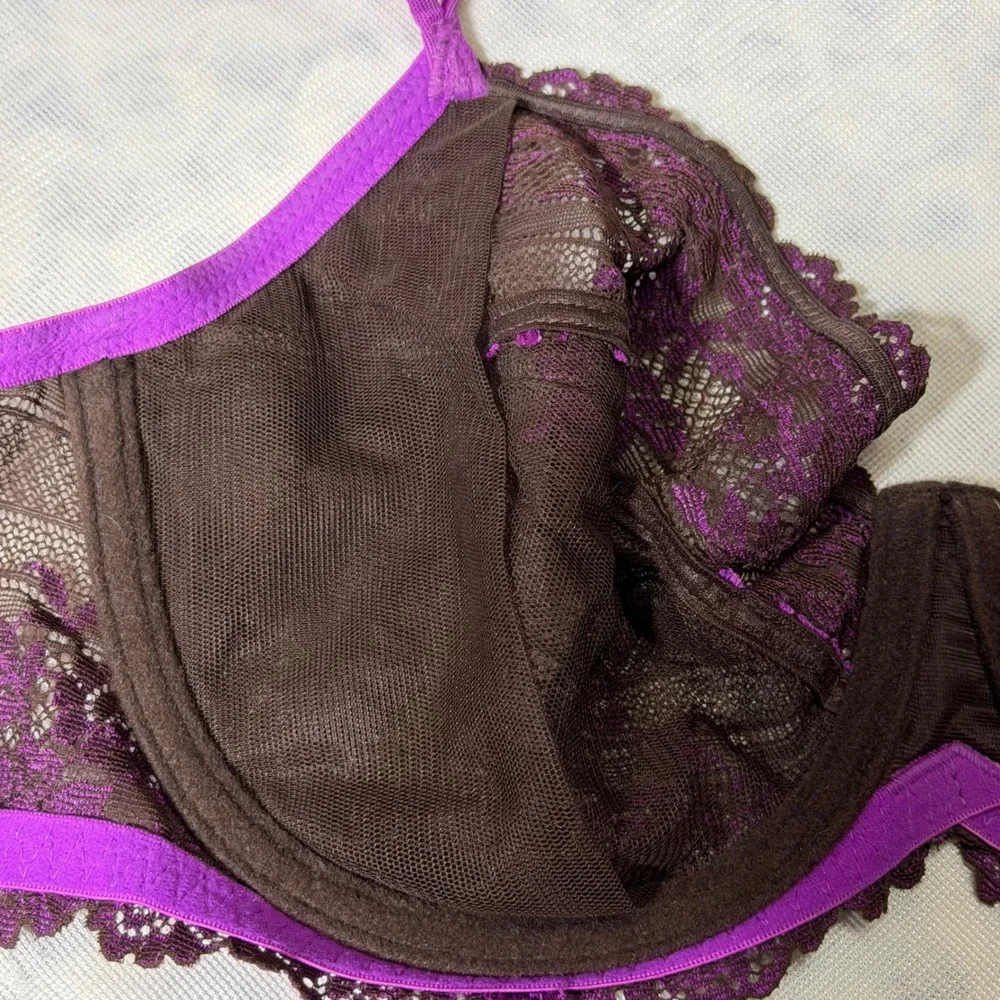 Wacoal Retro Chic 65191‎ Purple Brown Floral Lace Underwire Bra 36D Full Figure